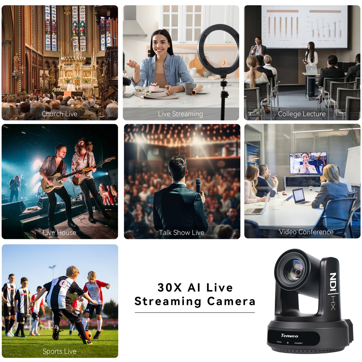 NDI AI Auto-Tracking IP PTZ Camera SDI/HDMI/USB3.0/LAN PoE 30X Optical 1080P 60fps for Live Streaming Church Services