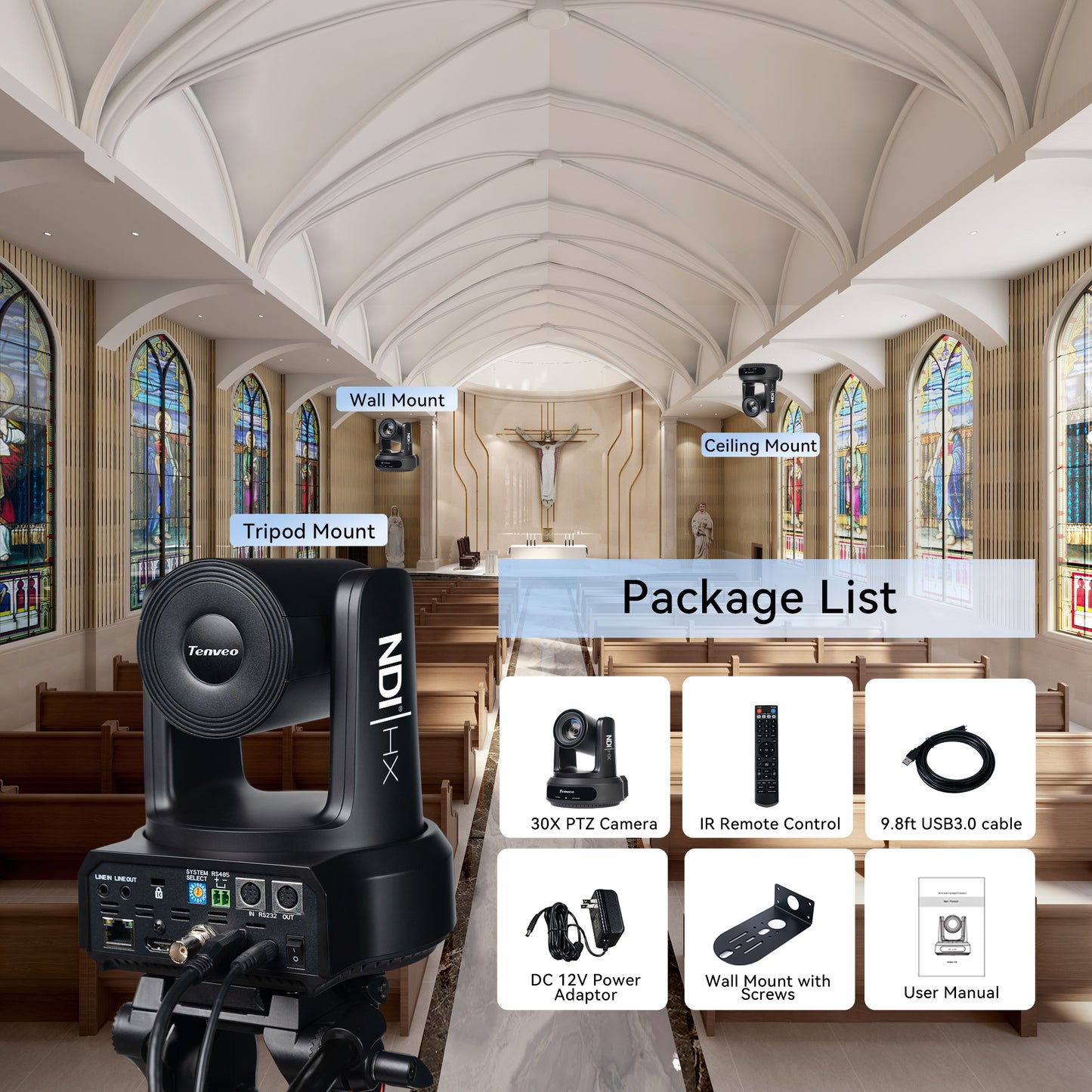 NDI AI Auto-Tracking IP PTZ Camera SDI/HDMI/USB3.0/LAN PoE 30X Optical 1080P 60fps for Live Streaming Church Services