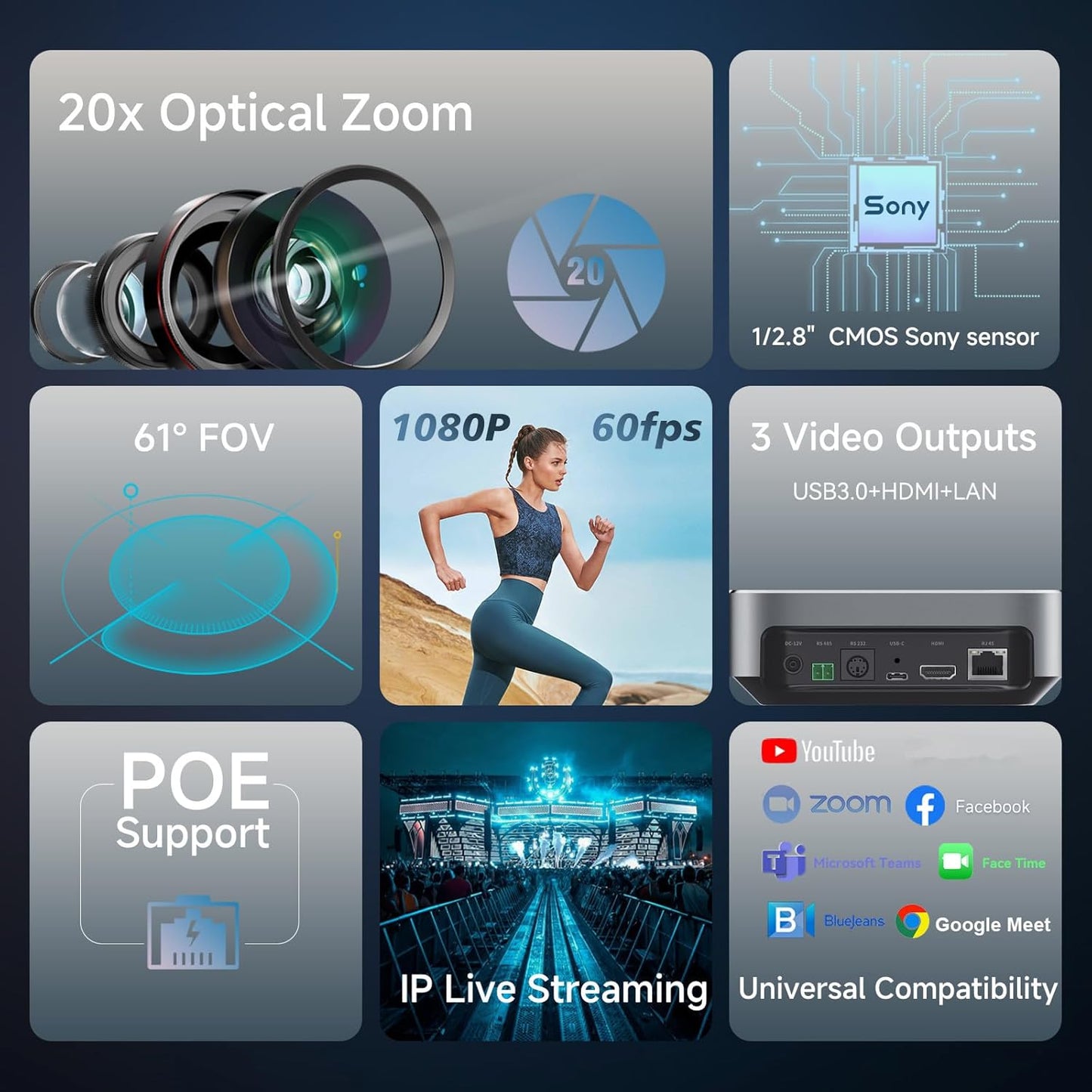 20x Optical Zoom PTZ Camera HDMI USB3.0 IP Live Streaming Camera HD 1080P 60fps Video Conferencing System POE