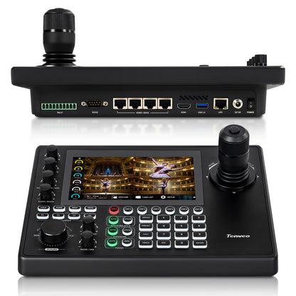 Tenveo NDI PTZ Joystick Controller, 7’’ LCD Quad-View Touchscreen, Camera Group Calling, 5 Custom buttons, HDMI Output, Tally, Support NDI PoE VISCA Pelco-D/P, NDI|HX3 Certified