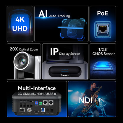 4K PTZ Camera AI Auto Tracking 20X Optical Zoom HDMI, USB3.0,RJ45,SDI Live Streaming Camera