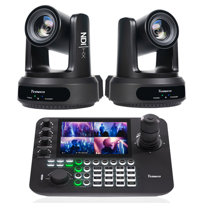 NDI PTZ Camera Kit with AI Auto-Tracking IP PTZ Camera SDI/HDMI/USB3.0/LAN PoE 30X Optical Zoom (2PCS) , 7’’ LCD Quad-Screen Joystick Controller