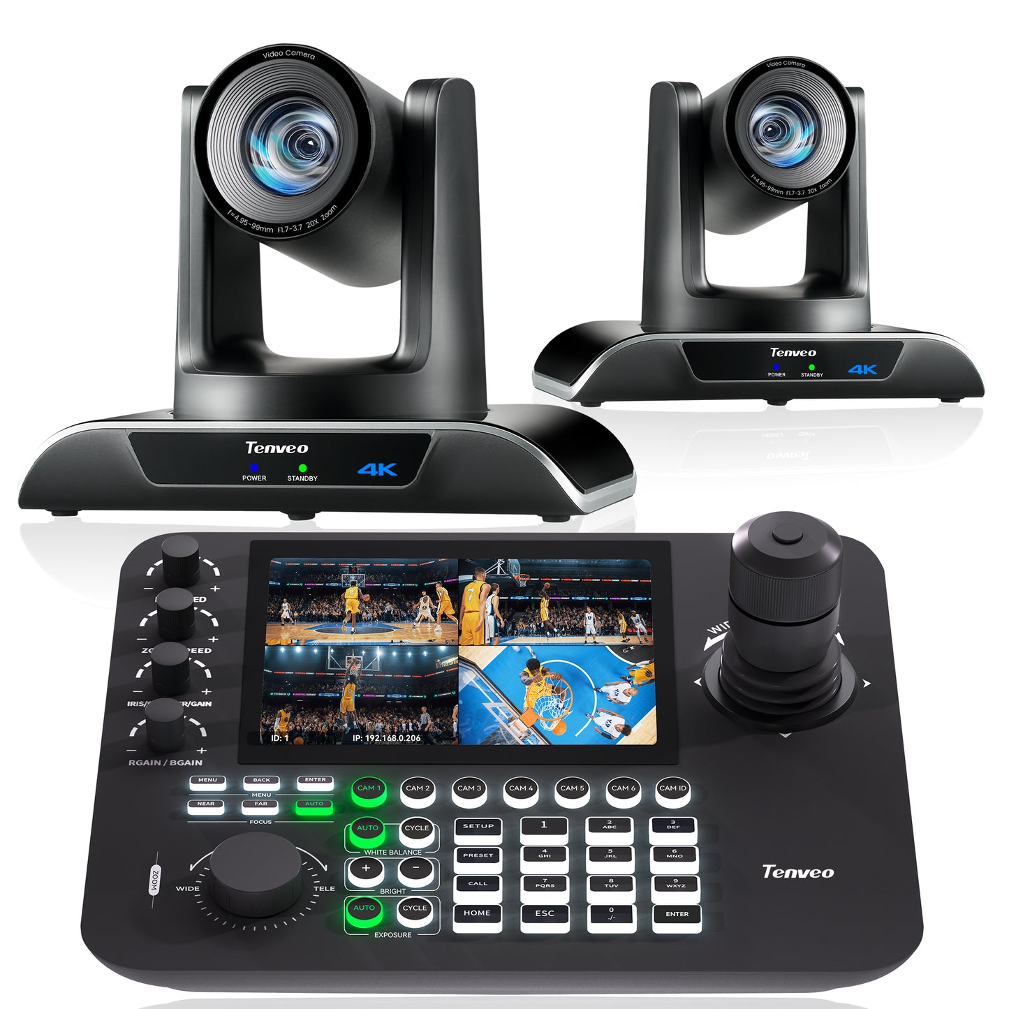4K PTZ Camera Bundle/Kits - 20X 4K AI Humanoid & Face Auto-Tracking NDI PTZ Camera(2pcs) with HDMI/USB3.0/LAN(PoE) and 7’’ LCD Quad-Screen NDI PTZ Joystick Controller