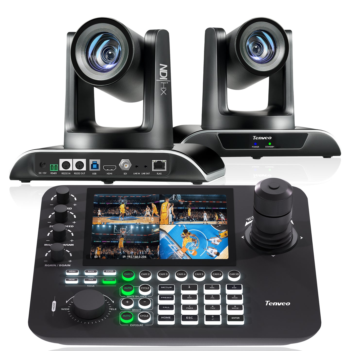 PTZ Camera Bundle – 2× 30X AI Auto-Tracking PTZ Cameras with NDI/SDI/HDMI/USB3.0/LAN (PoE) + 7" LCD Quad-Screen NDI PTZ Joystick Controller Kit for Worship & Live Streaming