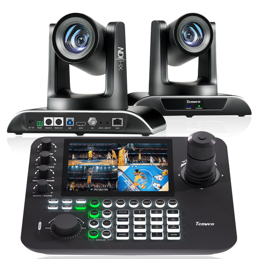 PTZ Camera Bundle – 2× 30X AI Auto-Tracking PTZ Cameras with NDI/SDI/HDMI/USB3.0/LAN (PoE) + 7" LCD Quad-Screen NDI PTZ Joystick Controller Kit for Worship & Live Streaming