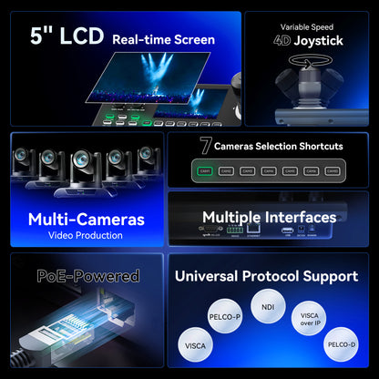 NDI PTZ Camera Controller, 5'' LCD Screen Preview, 4D Joystick PoE IP PTZ Controller