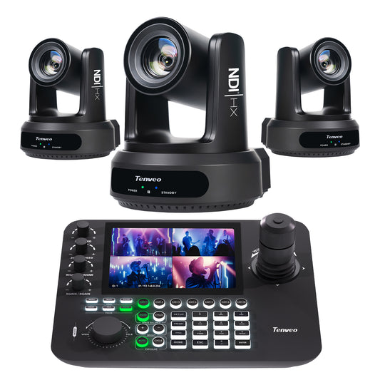 NDI PTZ Camera Kit with AI Auto-Tracking IP PTZ Camera SDI/HDMI/USB3.0/LAN PoE 20X Optical Zoom (3PCS) , 7’’ LCD Quad-Screen Joystick Controller