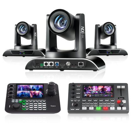 3-Pack of 1080P 30X NDI PTZ Cameras | Tenveo VHDMAX630A-NDI + PC500 Video Switcher + KB300PRO Controller | Live Streaming & Video Conference Kit