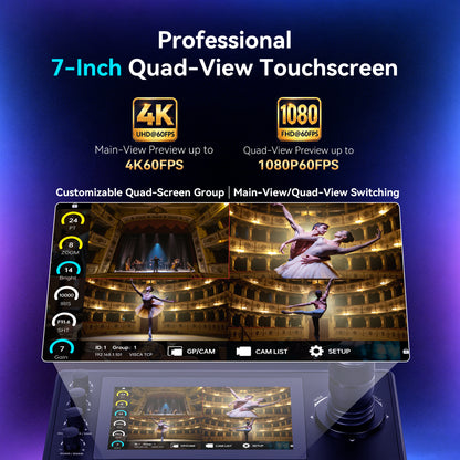 Tenveo NDI PTZ Joystick Controller, 7’’ LCD Quad-View Touchscreen, Camera Group Calling, 5 Custom buttons, HDMI Output, Tally, Support NDI PoE VISCA Pelco-D/P, NDI|HX3 Certified