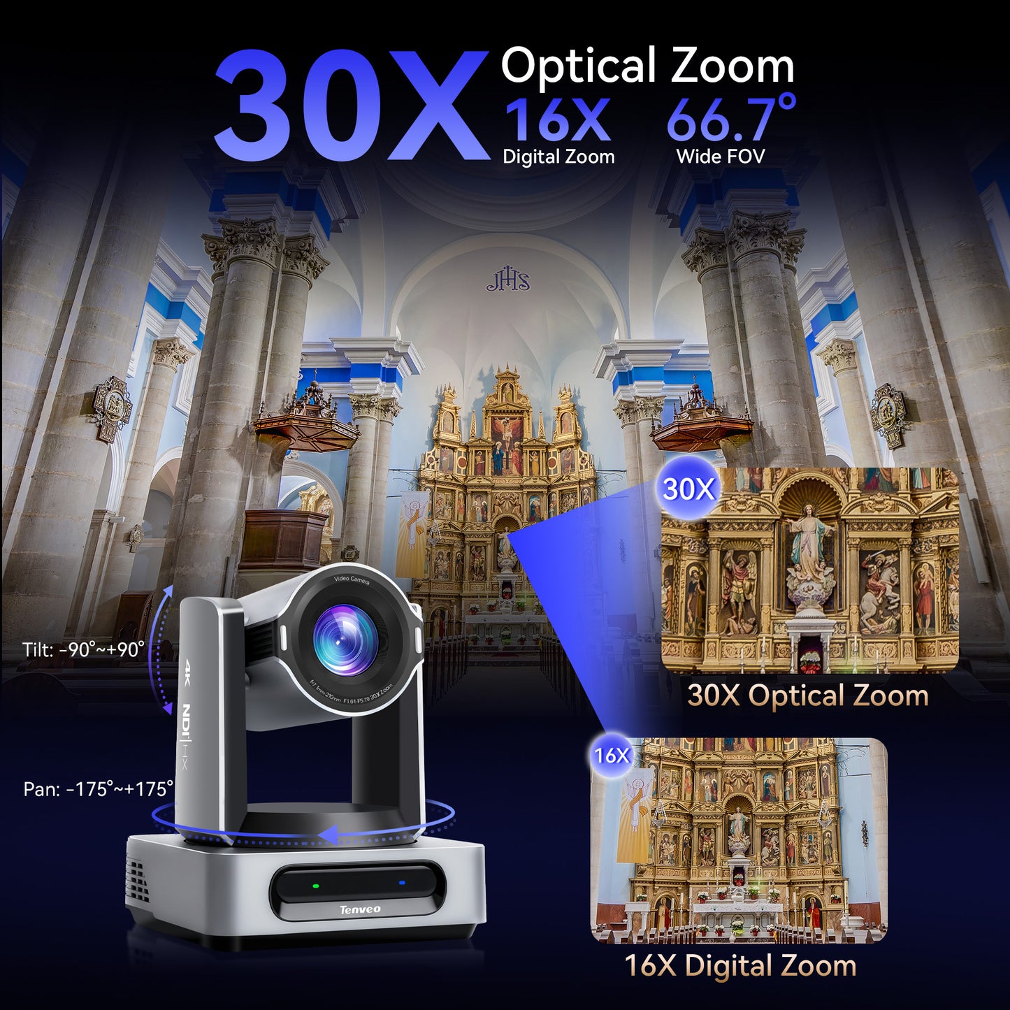 Tenveo 4K 60FPS NDI PTZ Camera, AI Auto Tracking 3.0, 30X Zoom 1/1.8 UHD CMOS 8.42MP, SDI/HDMI/USB3.0/LAN(PoE) Live Streaming with Tally Light, FreeD Support