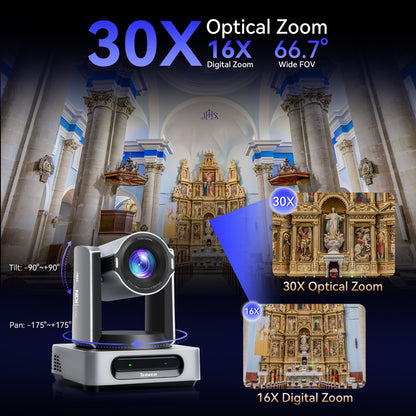 Tenveo 4K 60FPS NDI PTZ Camera, AI Auto Tracking 3.0, 30X Zoom 1/1.8 UHD CMOS 8.42MP, SDI/HDMI/USB3.0/LAN(PoE) Live Streaming with Tally Light, FreeD Support