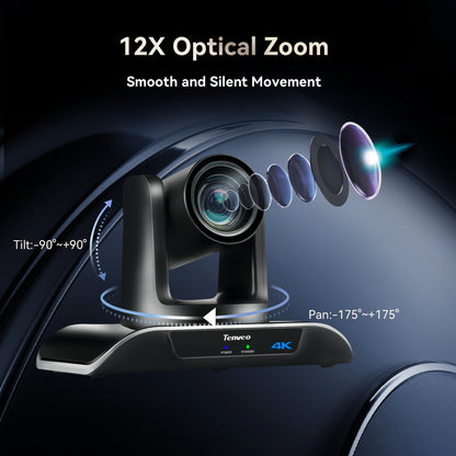 Tenveo UHD 4K PTZ Conference Room Camera 12X Optical Zoom USB3.0/HDMI Wide View Angle, 4K PTZ Camera for Video Conference Church Services Worship Events Live Streaming