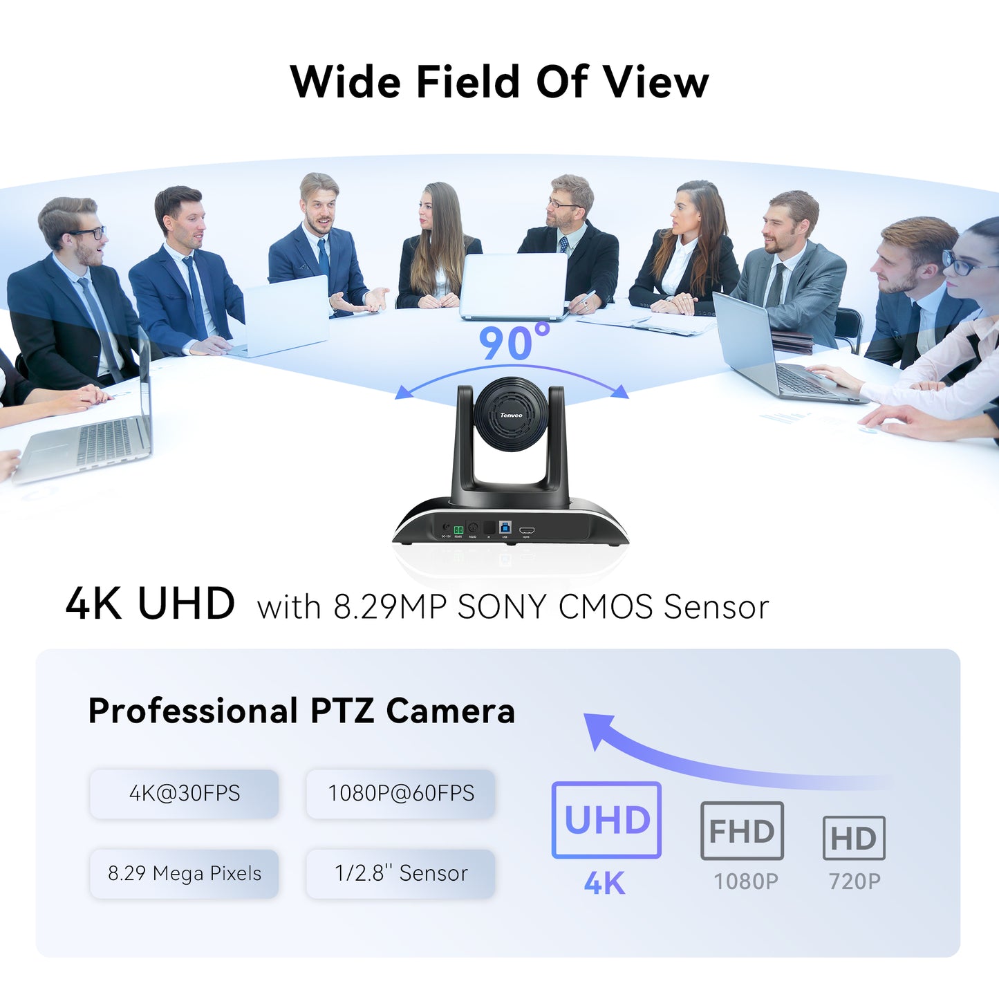 Tenveo UHD 4K PTZ Conference Room Camera 12X Optical Zoom USB3.0/HDMI Wide View Angle, 4K PTZ Camera for Video Conference Church Services Worship Events Live Streaming