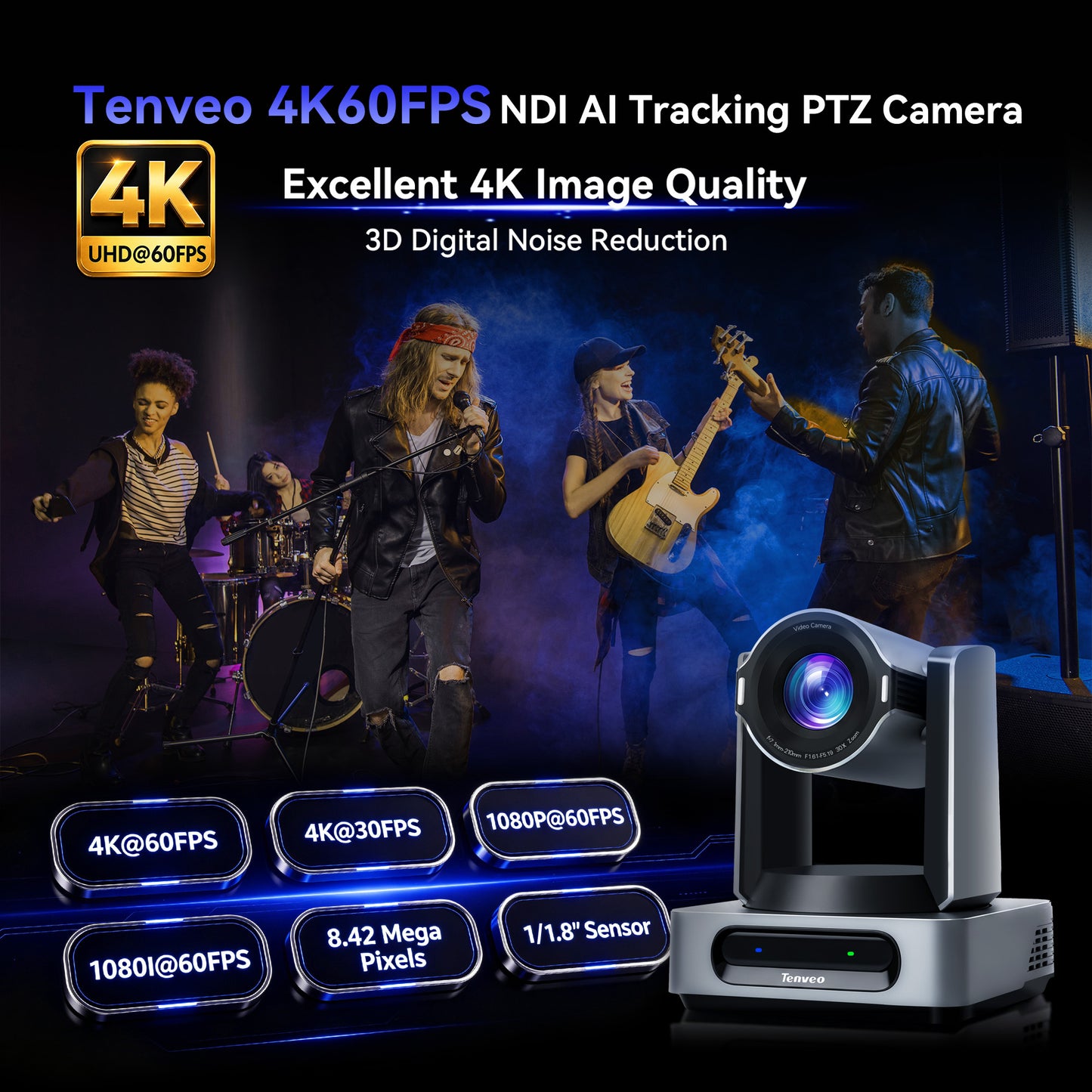 Tenveo 4K 60FPS NDI PTZ Camera, AI Auto Tracking 3.0, 30X Zoom 1/1.8 UHD CMOS 8.42MP, SDI/HDMI/USB3.0/LAN(PoE) Live Streaming with Tally Light, FreeD Support