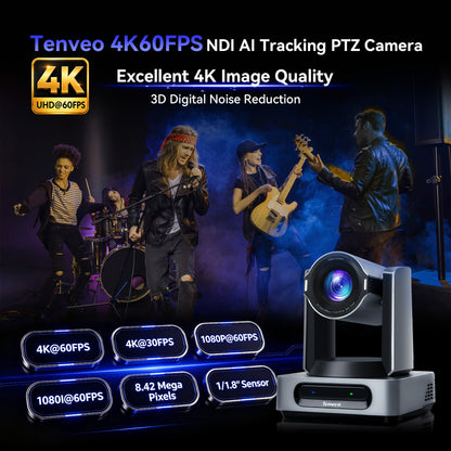 Tenveo 4K 60FPS NDI PTZ Camera, AI Auto Tracking 3.0, 30X Zoom 1/1.8 UHD CMOS 8.42MP, SDI/HDMI/USB3.0/LAN(PoE) Live Streaming with Tally Light, FreeD Support