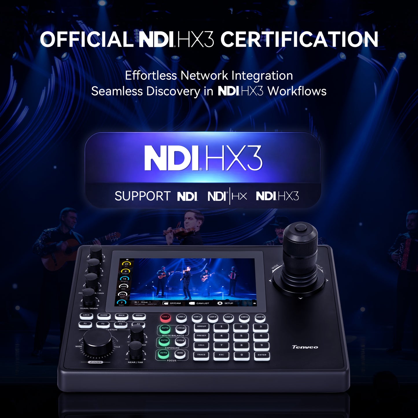 Tenveo NDI PTZ Joystick Controller, 7’’ LCD Quad-View Touchscreen, Camera Group Calling, 5 Custom buttons, HDMI Output, Tally, Support NDI PoE VISCA Pelco-D/P, NDI|HX3 Certified