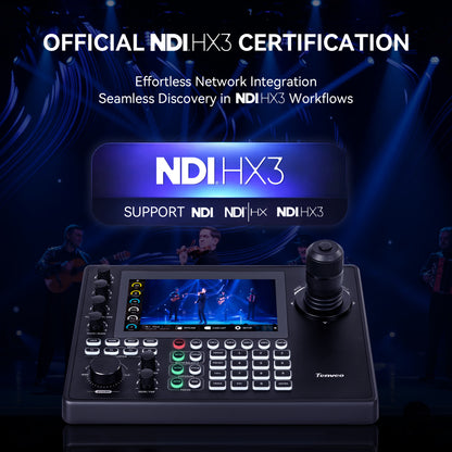 Tenveo NDI PTZ Joystick Controller, 7’’ LCD Quad-View Touchscreen, Camera Group Calling, 5 Custom buttons, HDMI Output, Tally, Support NDI PoE VISCA Pelco-D/P, NDI|HX3 Certified