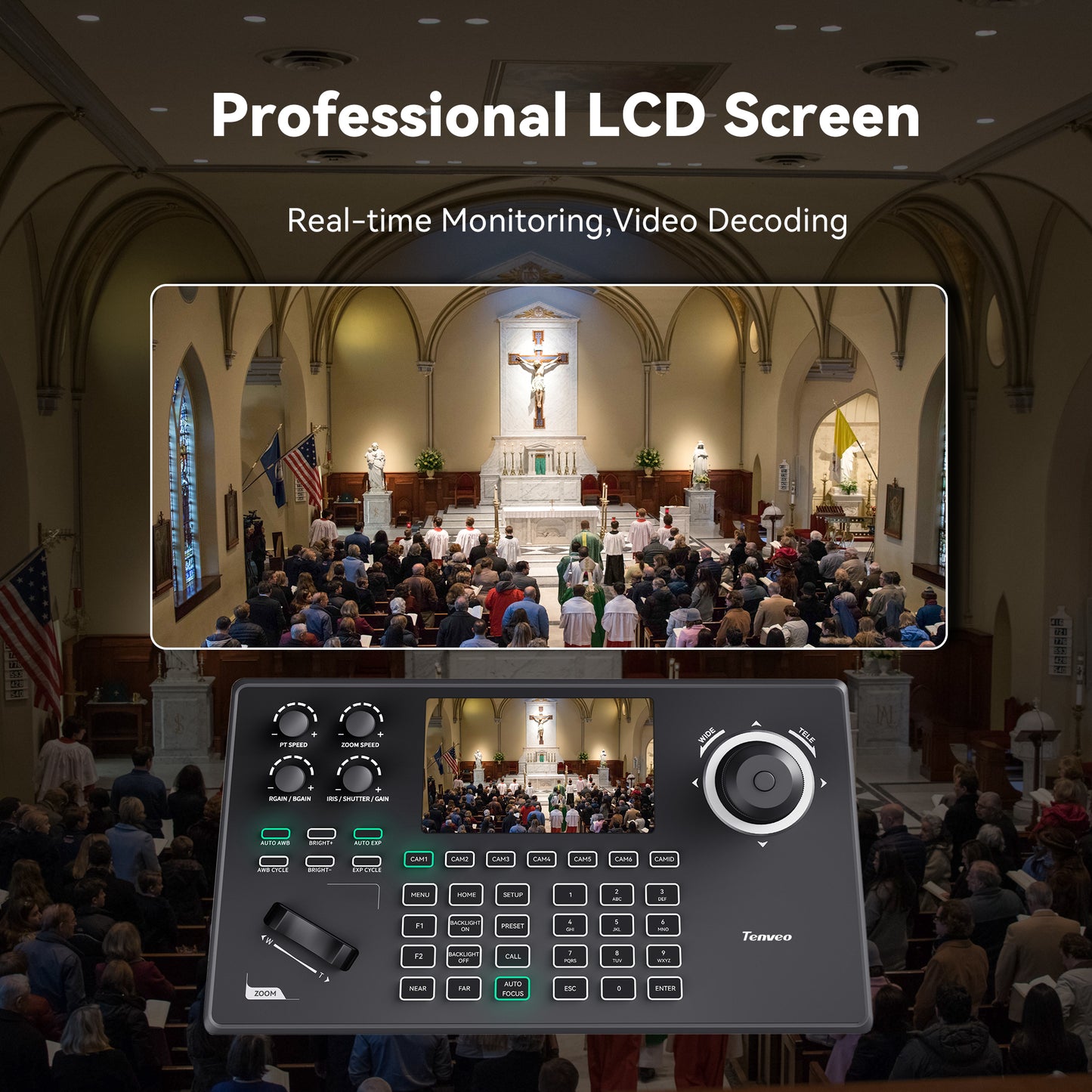 NDI PTZ Camera Controller, 5'' LCD Screen Preview, 4D Joystick PoE IP PTZ Controller