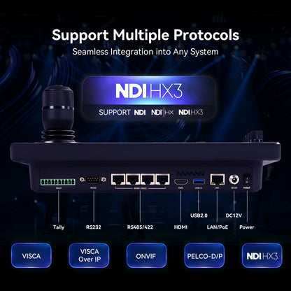 Tenveo NDI PTZ Joystick Controller, 7’’ LCD Quad-View Touchscreen, Camera Group Calling, 5 Custom buttons, HDMI Output, Tally, Support NDI PoE VISCA Pelco-D/P, NDI|HX3 Certified