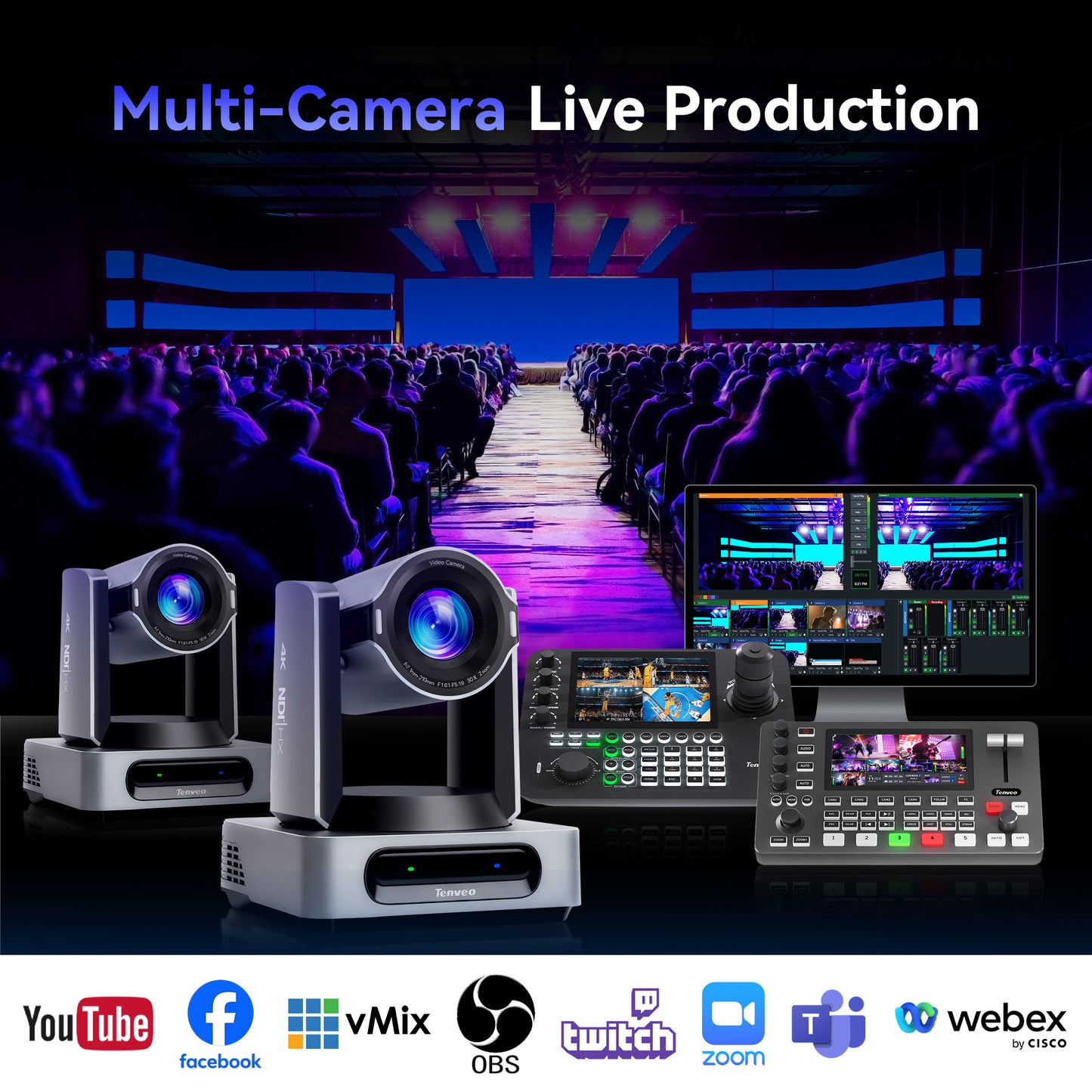 Tenveo 4K 60FPS NDI PTZ Camera, AI Auto Tracking 3.0, 30X Zoom 1/1.8 UHD CMOS 8.42MP, SDI/HDMI/USB3.0/LAN(PoE) Live Streaming with Tally Light, FreeD Support