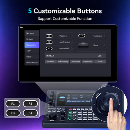 Tenveo NDI PTZ Joystick Controller, 7’’ LCD Quad-View Touchscreen, Camera Group Calling, 5 Custom buttons, HDMI Output, Tally, Support NDI PoE VISCA Pelco-D/P, NDI|HX3 Certified