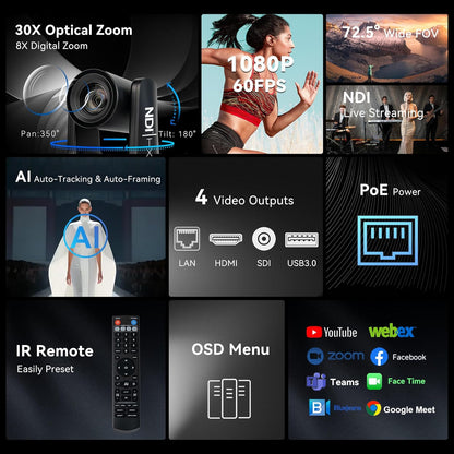 NDI AI Auto-Tracking IP PTZ Camera SDI/HDMI/USB3.0/LAN PoE 30X Optical 1080P 60fps for Live Streaming Services