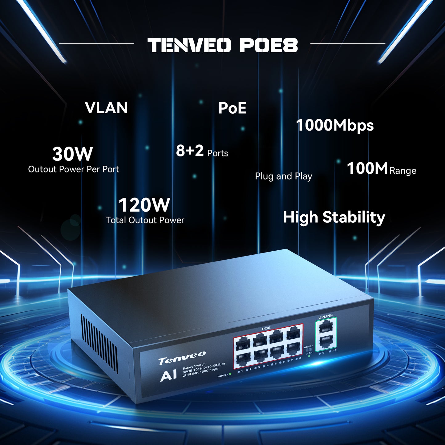 8-Port Gigabit PoE+ Switch (120W) with 2 Uplink Ports & VLAN