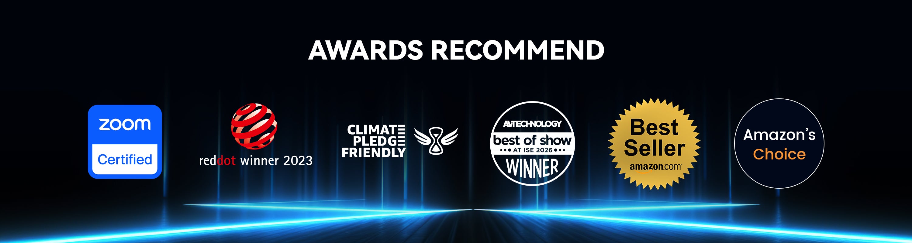 Awards and certification logos on a dark background with blue accents.