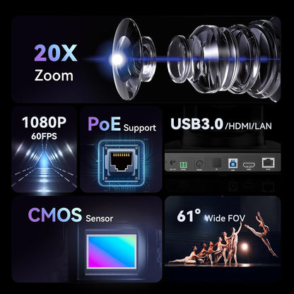 Tenveo HDMI/LAN/USB3.0 PoE PTZ Camera 20X Optical Zoom, FHD 1080P 60FPS
