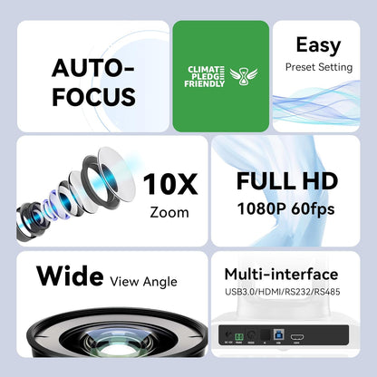 PTZ Conference Room Camera 10X Optical Zoom USB3.0/HDMI/RS232 Wide Angle FHD 1080P 60FPS