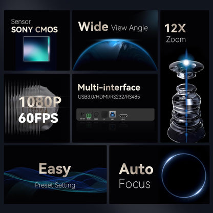 12X Optical Zoom PTZ Conference Camera USB3.0/HDMI 90° Wide View Angle