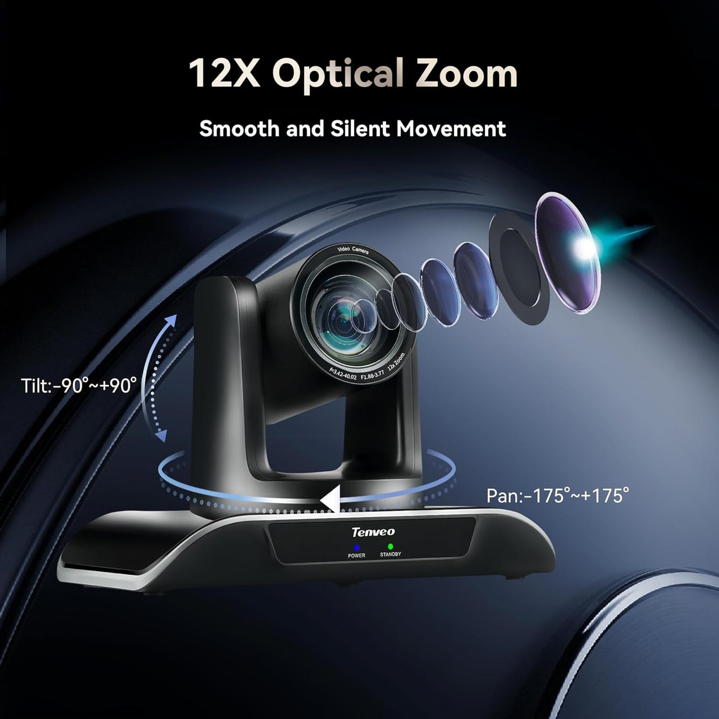 12X Optical Zoom PTZ Conference Camera USB3.0/HDMI 90° Wide View Angle