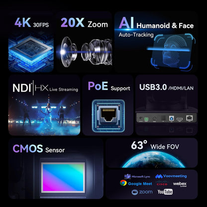 4K NDI PTZ Camera AI Humanoid & Face Auto-Tracking, HDMI/LAN/USB3.0 PoE PTZ Camera 20X Optical Zoom IP Live Streaming