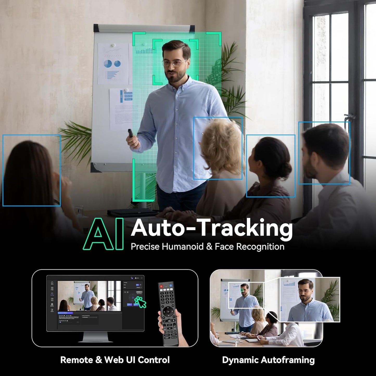 4K NDI PTZ Camera AI Humanoid & Face Auto-Tracking, HDMI/LAN/USB3.0 PoE PTZ Camera 20X Optical Zoom IP Live Streaming