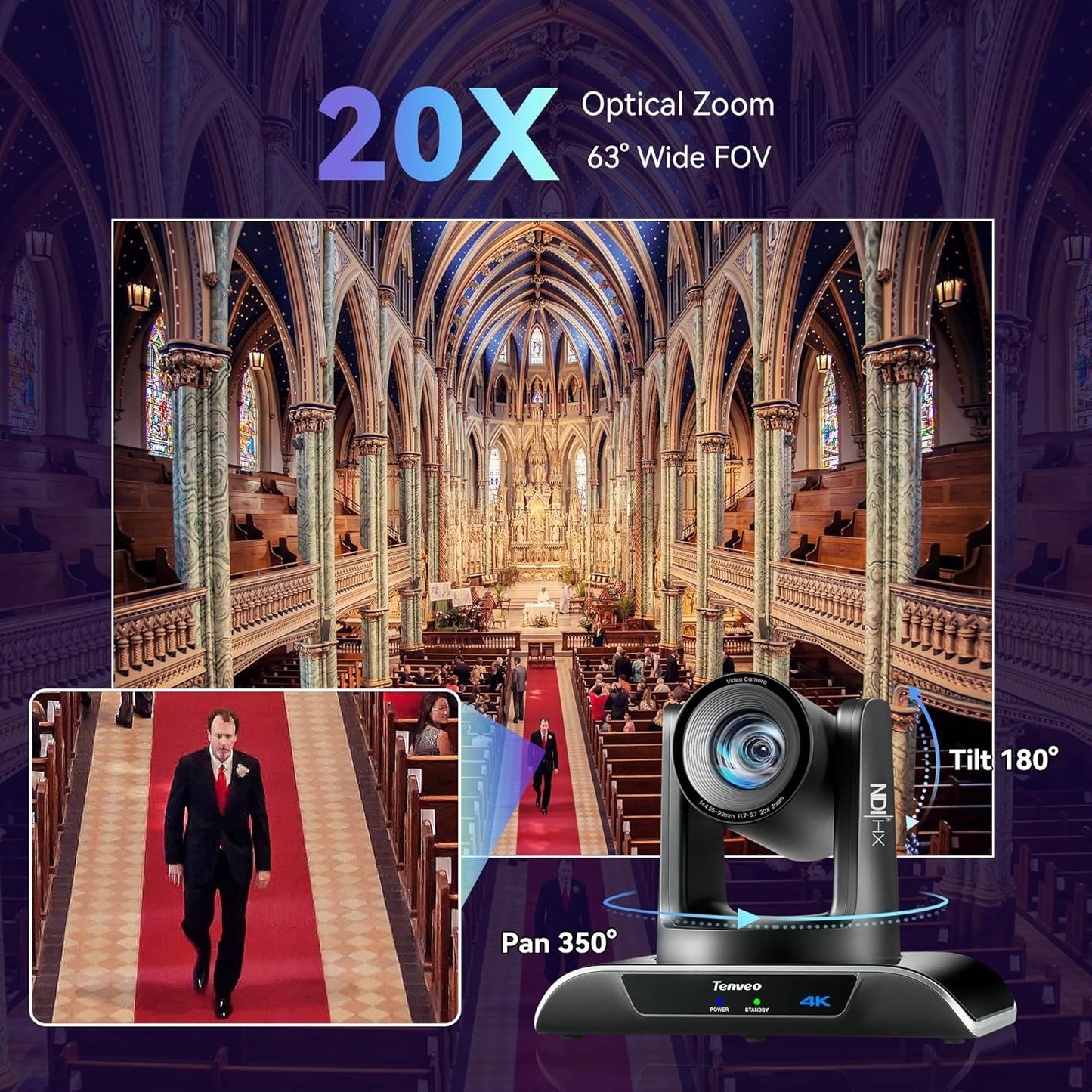 4K NDI PTZ Camera AI Humanoid & Face Auto-Tracking, HDMI/LAN/USB3.0 PoE PTZ Camera 20X Optical Zoom IP Live Streaming