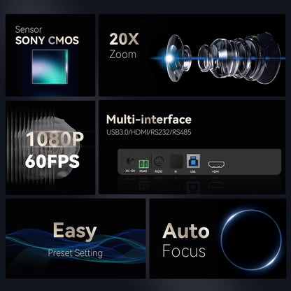 20X Optical Zoom PTZ Conference Room Camera, USB3.0/HDMI FHD 1080P 60FPS