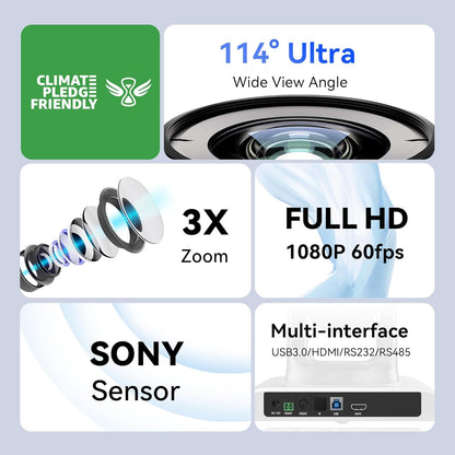 PTZ Conference Camera 3X Optical Zoom FHD 1080P 60FPS, 114° Wide View Angel USB3.0/HDMI/RS485/RS232
