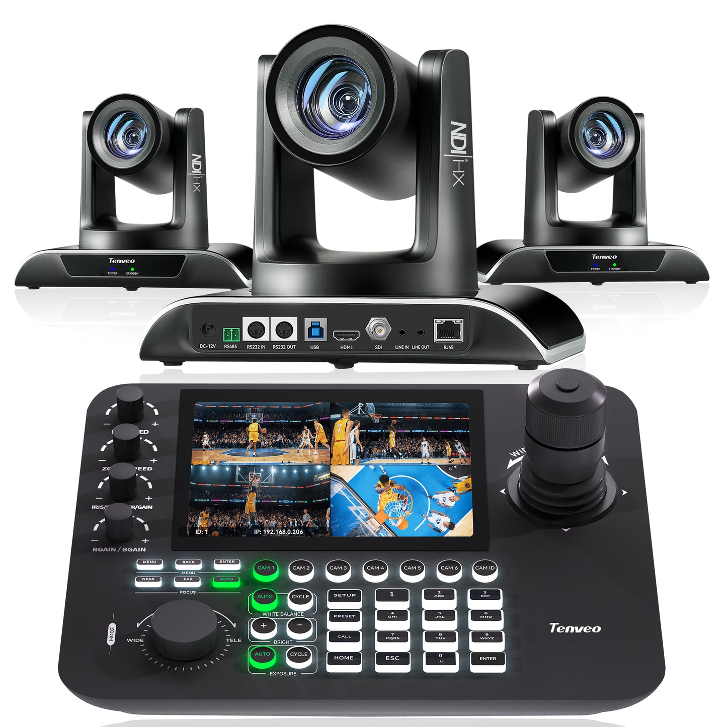NDI PTZ Camera Kit with AI Auto Tracking, 30X Optical + 8X Digital Zoom, SDI/HDMI/USB3.0/LAN(PoE), 7’’ LCD Quad-Screen Joystick Controller – Live Broadcast