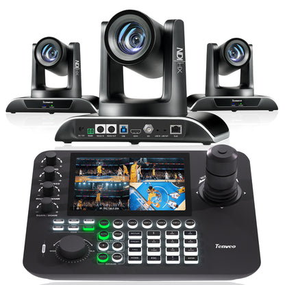 NDI PTZ Camera Kit with AI Auto Tracking, 30X Optical + 8X Digital Zoom, SDI/HDMI/USB3.0/LAN(PoE), 7’’ LCD Quad-Screen Joystick Controller – Live Broadcast