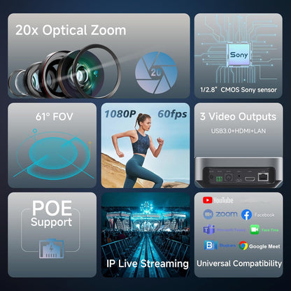 20x Optical Zoom PTZ Camera HDMI USB3.0 IP Live Streaming Camera HD 1080P 60fps Video Conferencing System POE