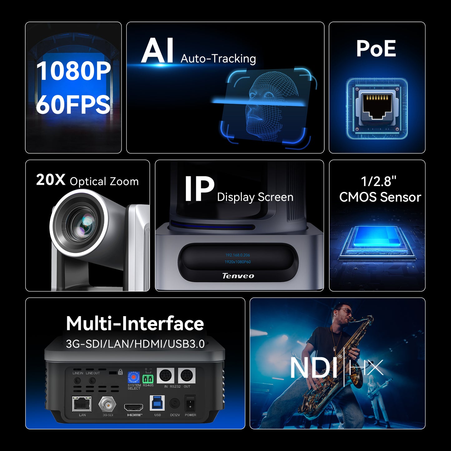 20X AI Auto-Tracking NDI PTZ Camera | 1080p60 | Human & Face Tracking | PoE