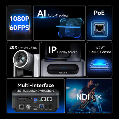 20X AI Auto-Tracking NDI PTZ Camera | 1080p60 | Human & Face Tracking | PoE