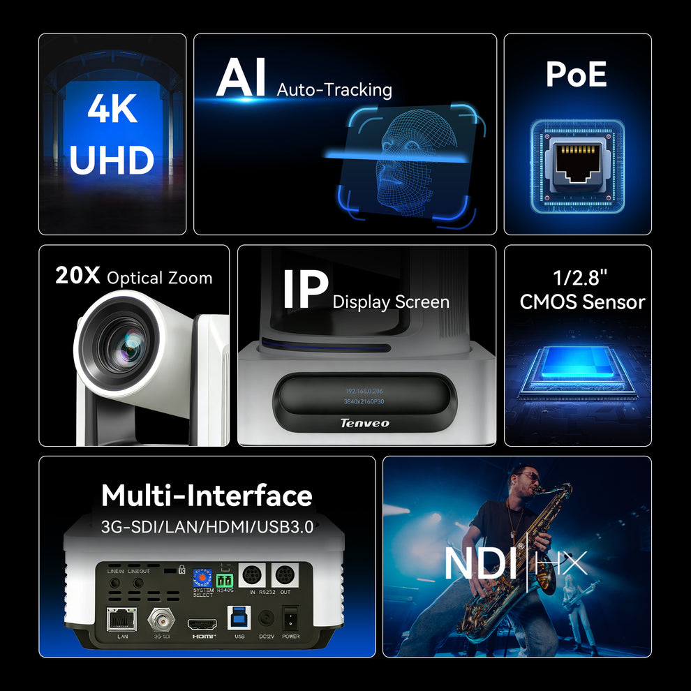 4K NDI PTZ Camera, AI Humanoid & Face Auto-Tracking, 20X Zoom 3G-SDI/H ...